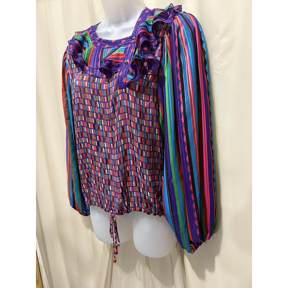 Vintage 80s Diane Freis Blouse Bold Print Poly Georgette Colorful Medium - Picture 8 of 11